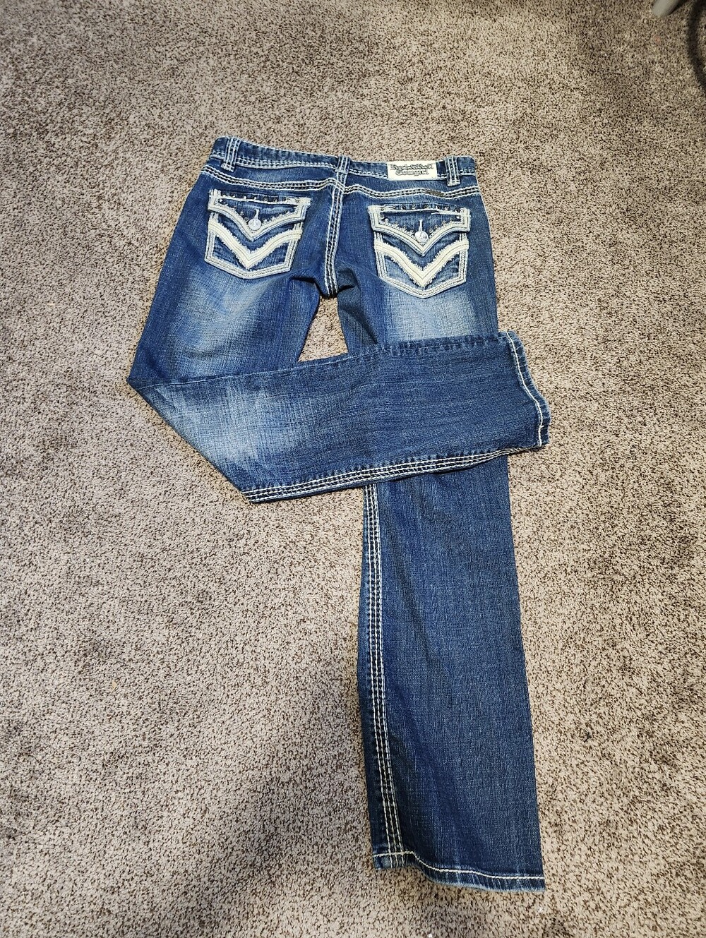 Rock And Roll Cowgirl Women’s Dark Blue Embroidered Back Pocket Sz 29